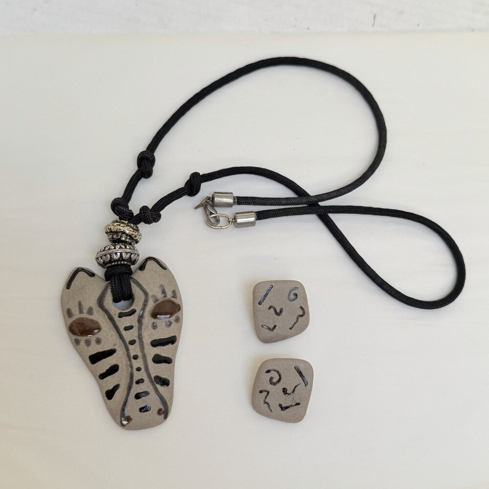 Vintage Clay Cat Head Calderon Signed Necklace Clip On Earrings Set‎ Gift